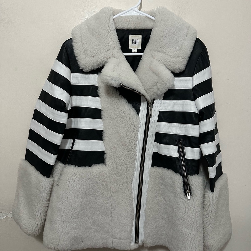 GAP Teddy Jacket Women's Leather Sherpa Stripe True Black Jacket Size Small